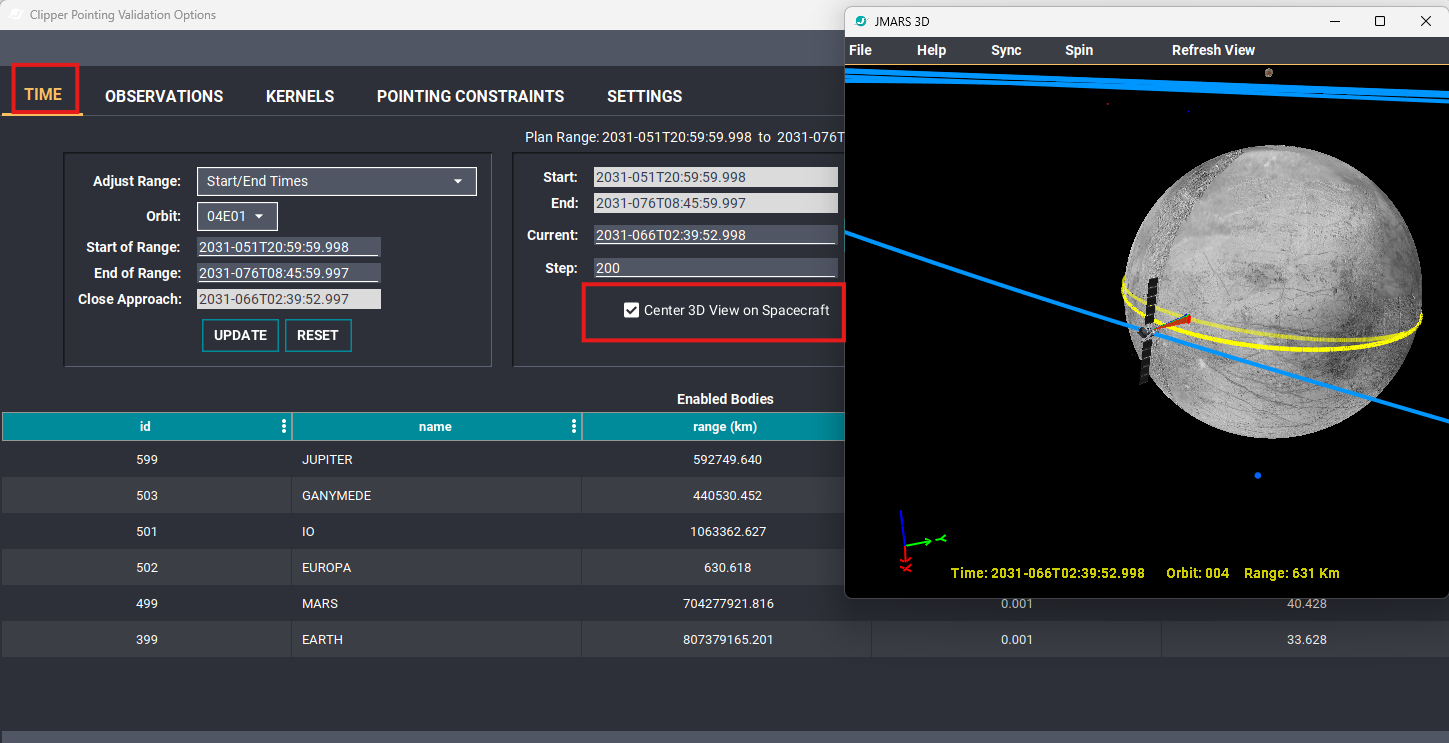 Time tab with Center 3D View on Spacecraft selected and the spacecraft centered in the 3D view