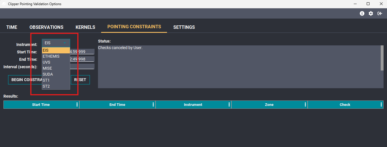 Pointing Constraints tab with the Instrument selection menu open