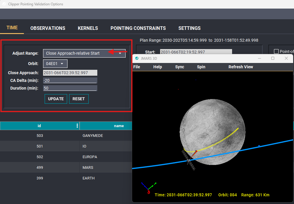 Close Approach-relative Start controls with CA Delta set to minus 20 and Duration set to 50 minutes