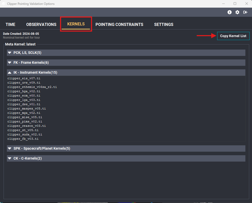Kernels tab showing expandable kernel groups and the Copy Kernel List button
