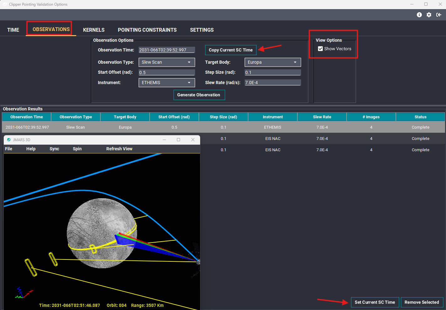 Observations tab showing observation settings, Show Vectors, the results table, and Set Current SC Time