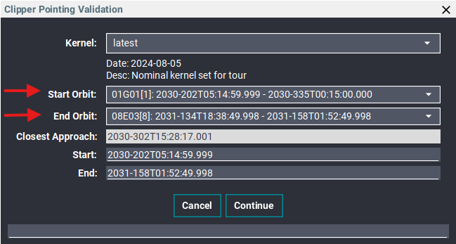 Clipper Pointing Validation dialog with Start Orbit and End Orbit controls highlighted