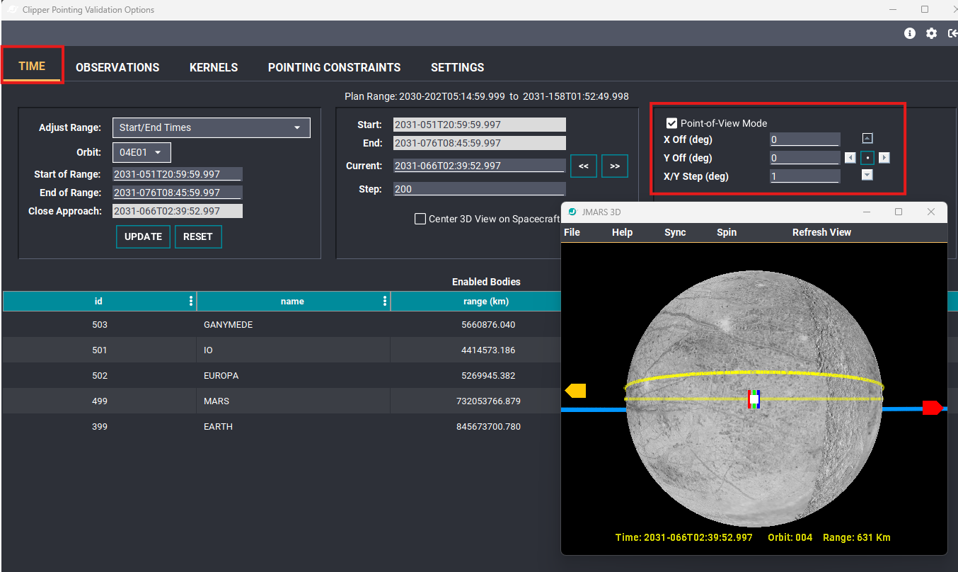 Time tab with Point-of-View Mode enabled and the spacecraft perspective shown in JMARS 3D
