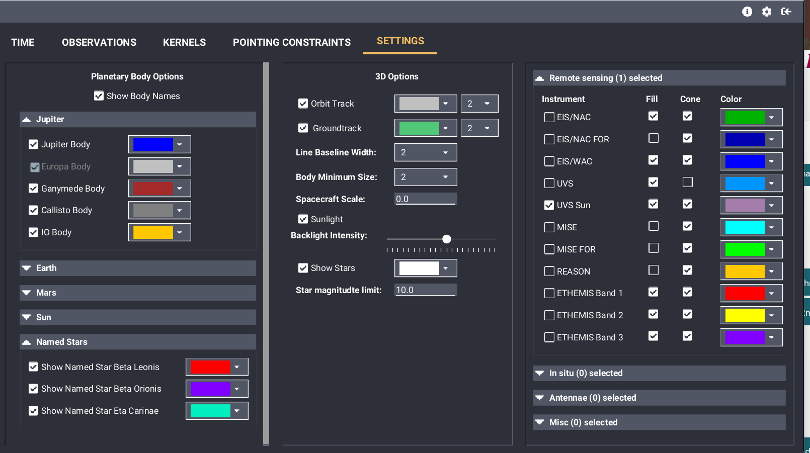 Settings tab showing Show Stars, Star magnitude limit, and the three Named Stars controls