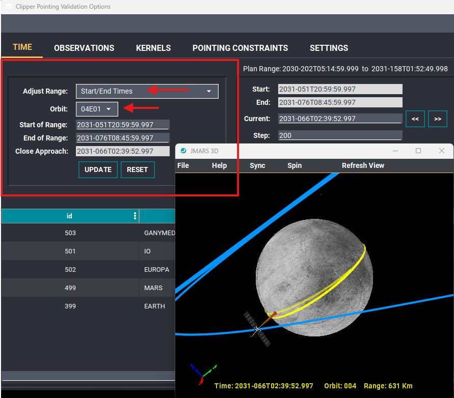 Adjust Range panel showing Start/End Times, orbit selection, and range fields