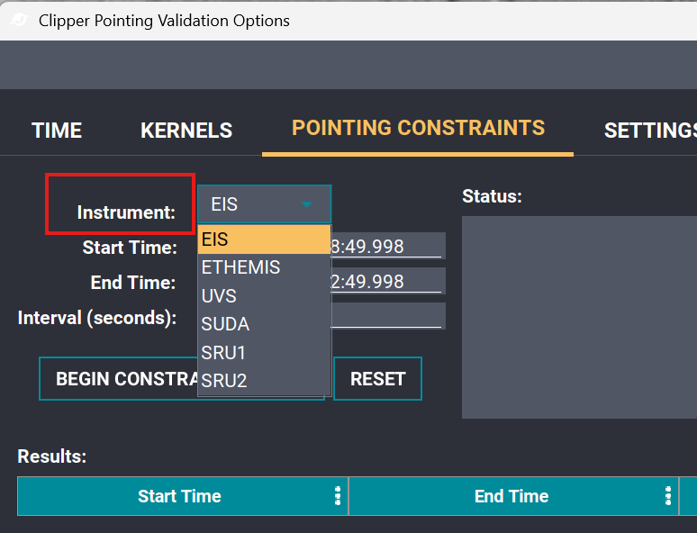 Instrument selection in the Pointing Constraints tab