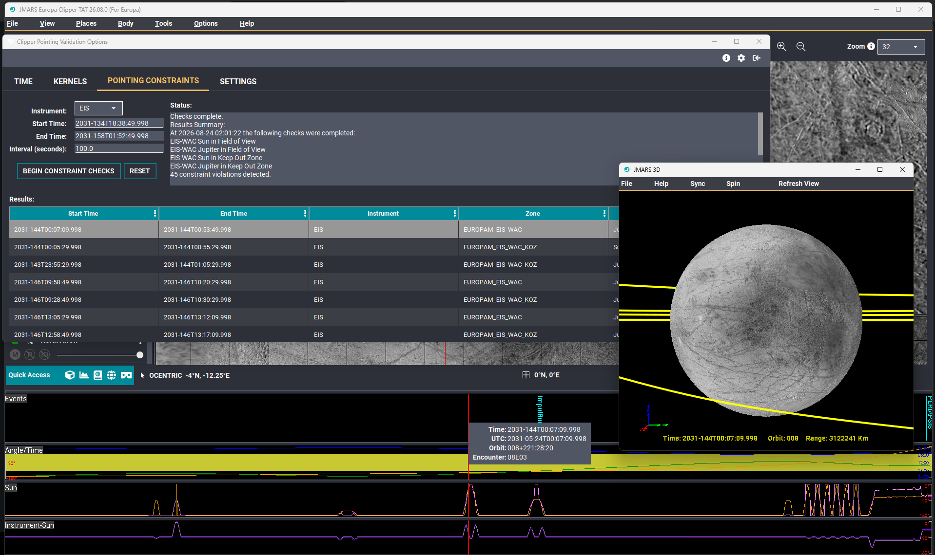 The results table, ruler, and 3D view synchronized to the selected violation start time