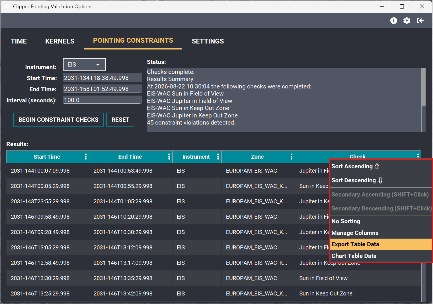The results table header context menu