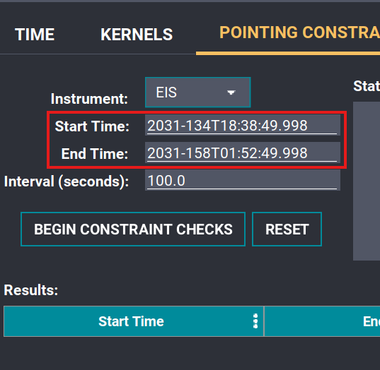 Start and end time controls for the constraint check