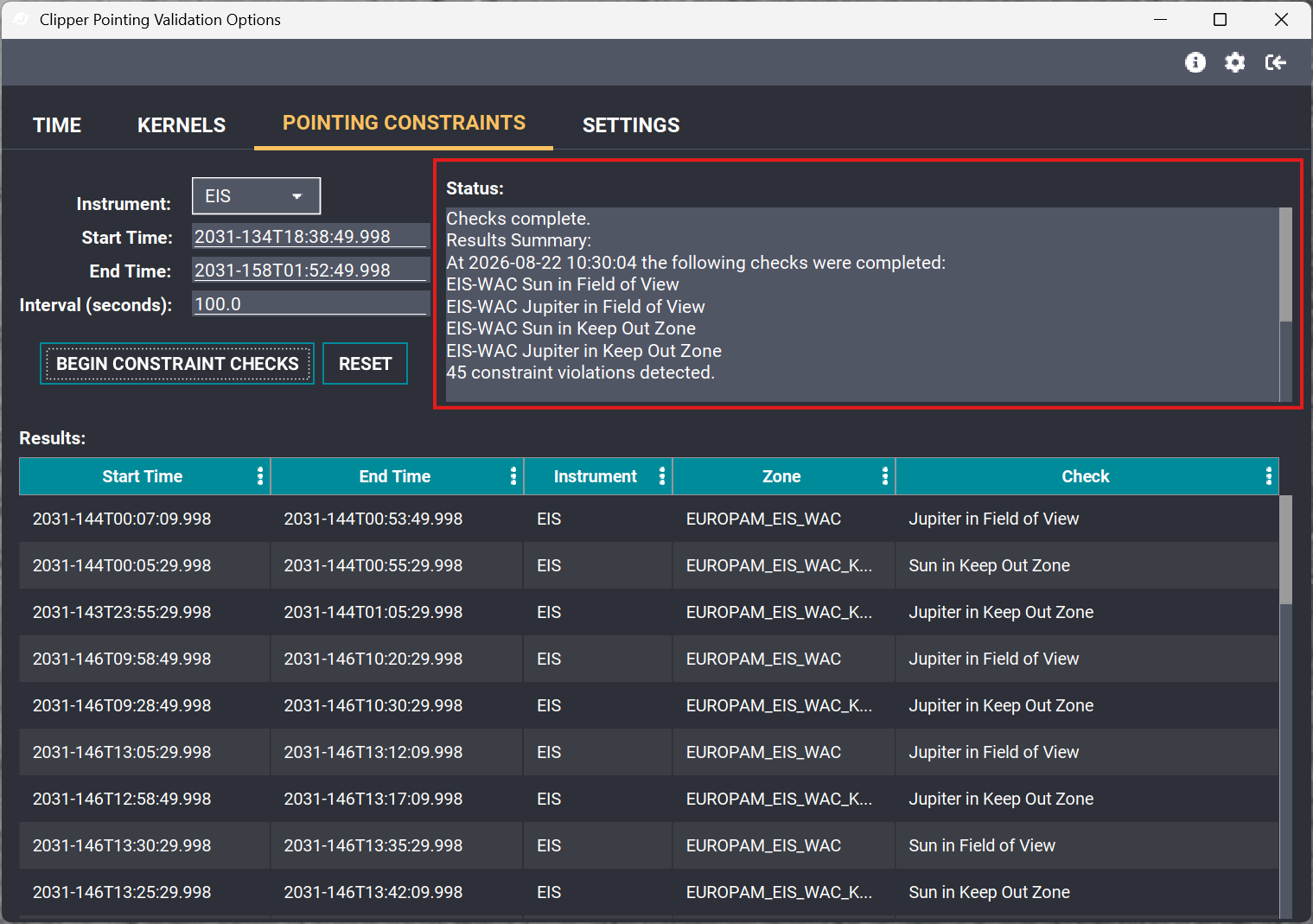 The Status area showing a summary of the completed constraint checks