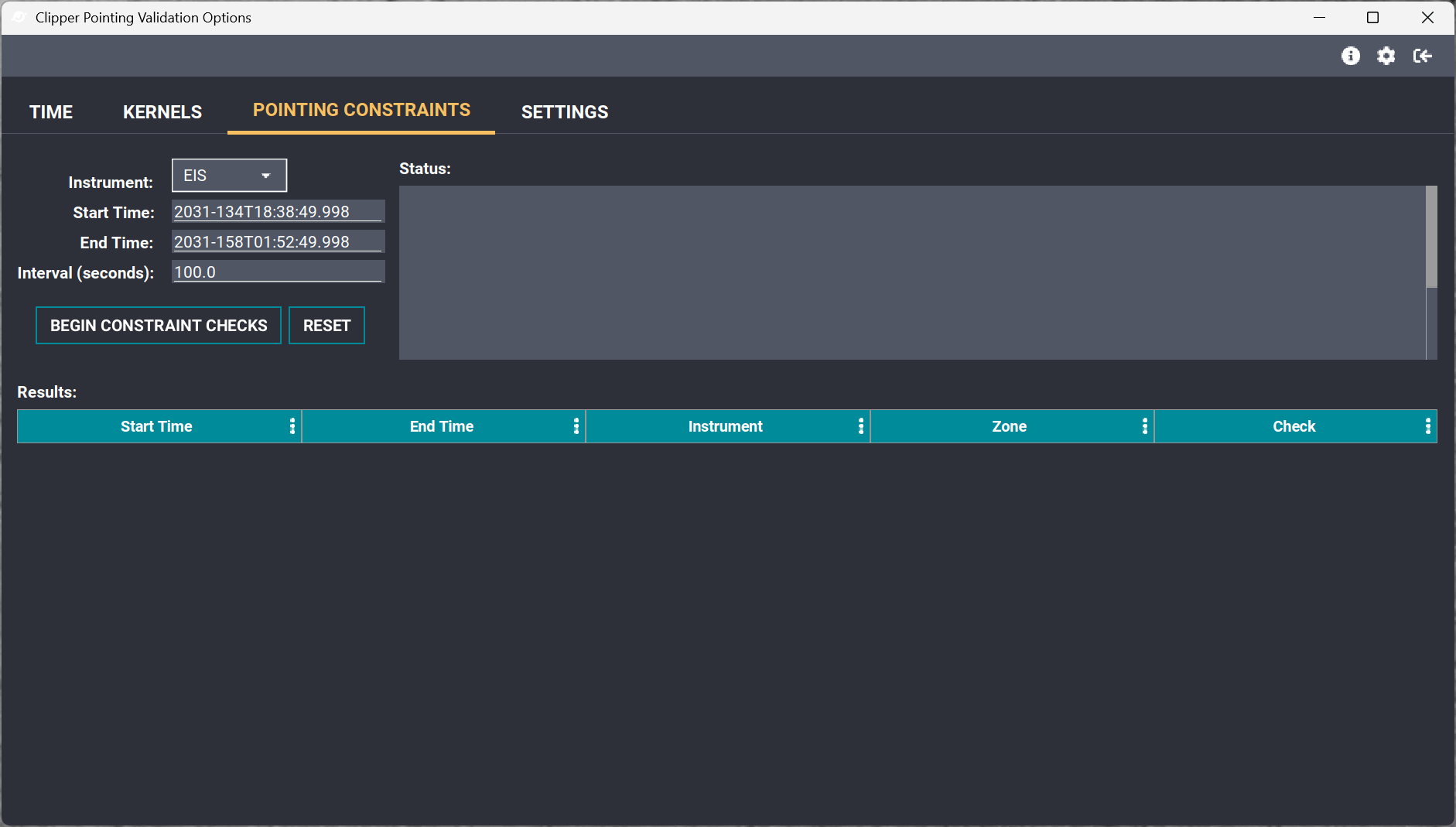 The Pointing Constraints tab before a constraint check is run