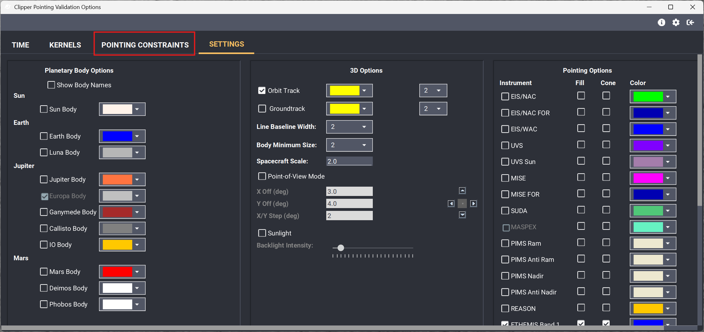 Selecting the Pointing Constraints tab