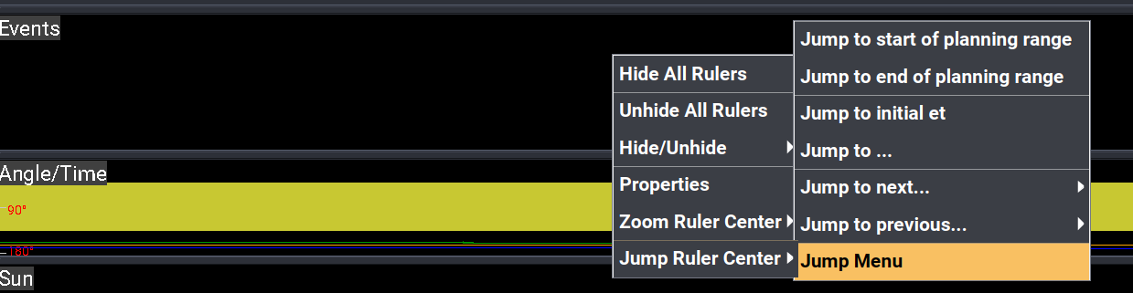 The Events ruler context menu showing the Jump Ruler Center menu