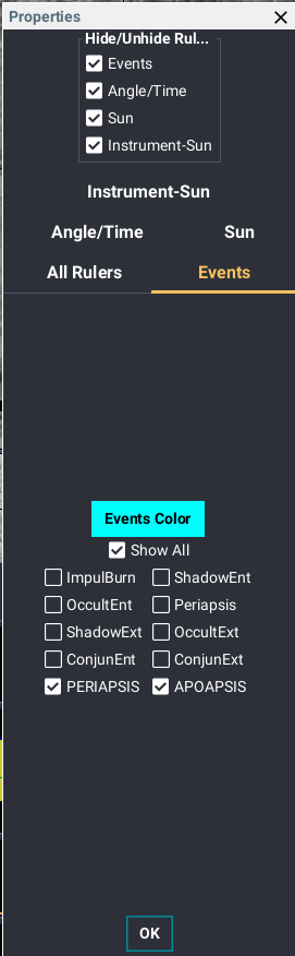 The Events Properties dialog showing event visibility and color configuration options