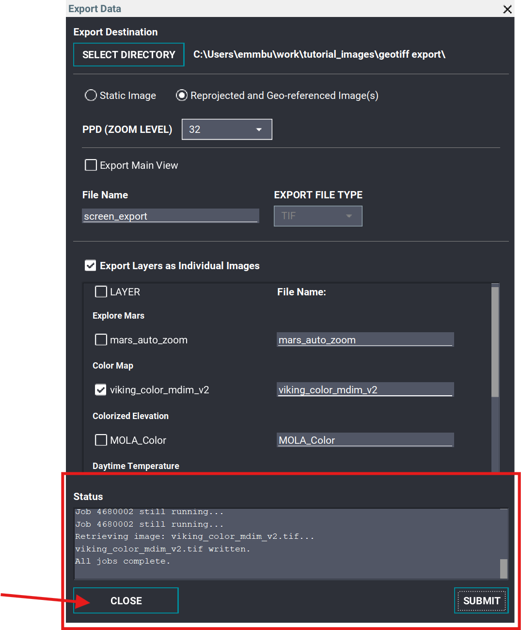 Export Data status showing All jobs complete and the Close button