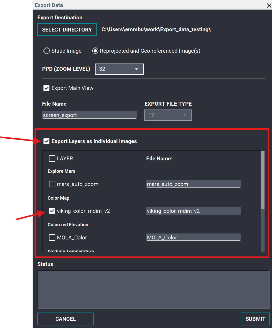 Geo-referenced Export Data window highlighting the individual graphic-layer options