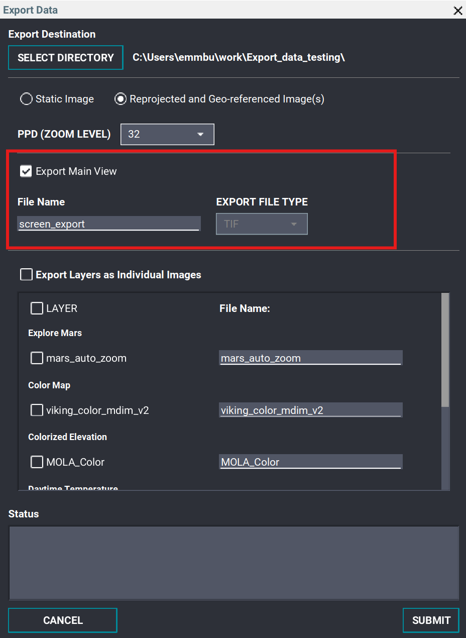 Geo-referenced Export Data window highlighting the Export Main View options