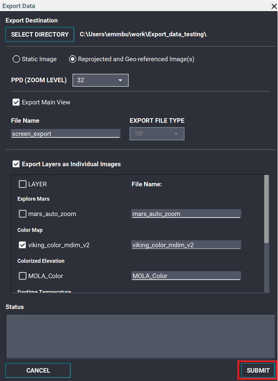 Geo-referenced Export Data window with the Submit button highlighted