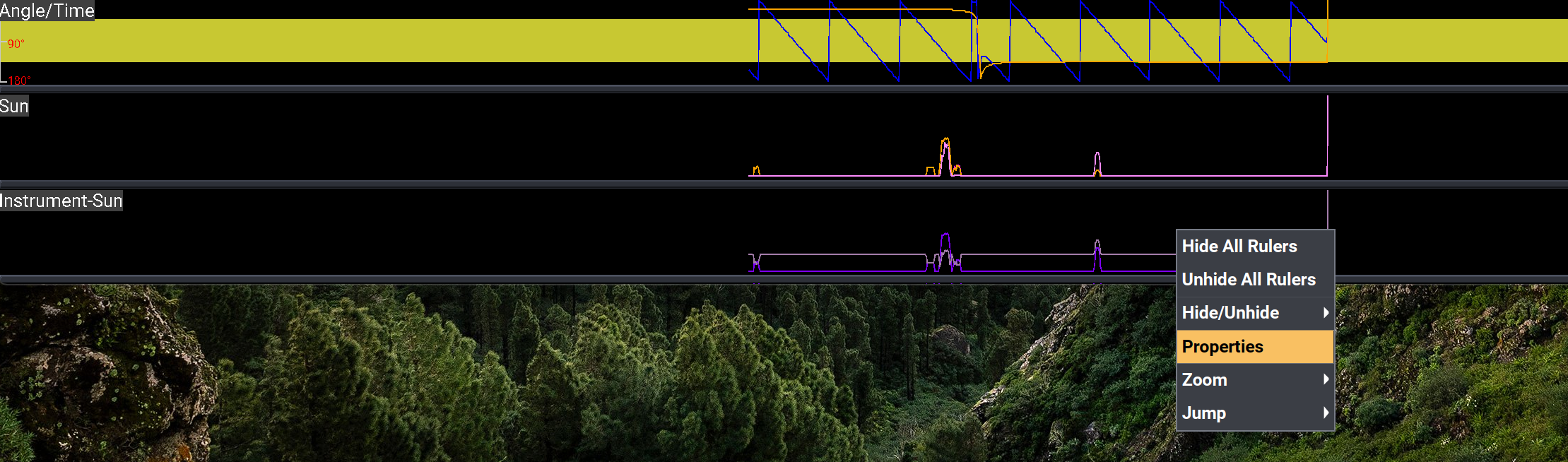 The Instrument-Sun ruler context menu with the Properties option highlighted