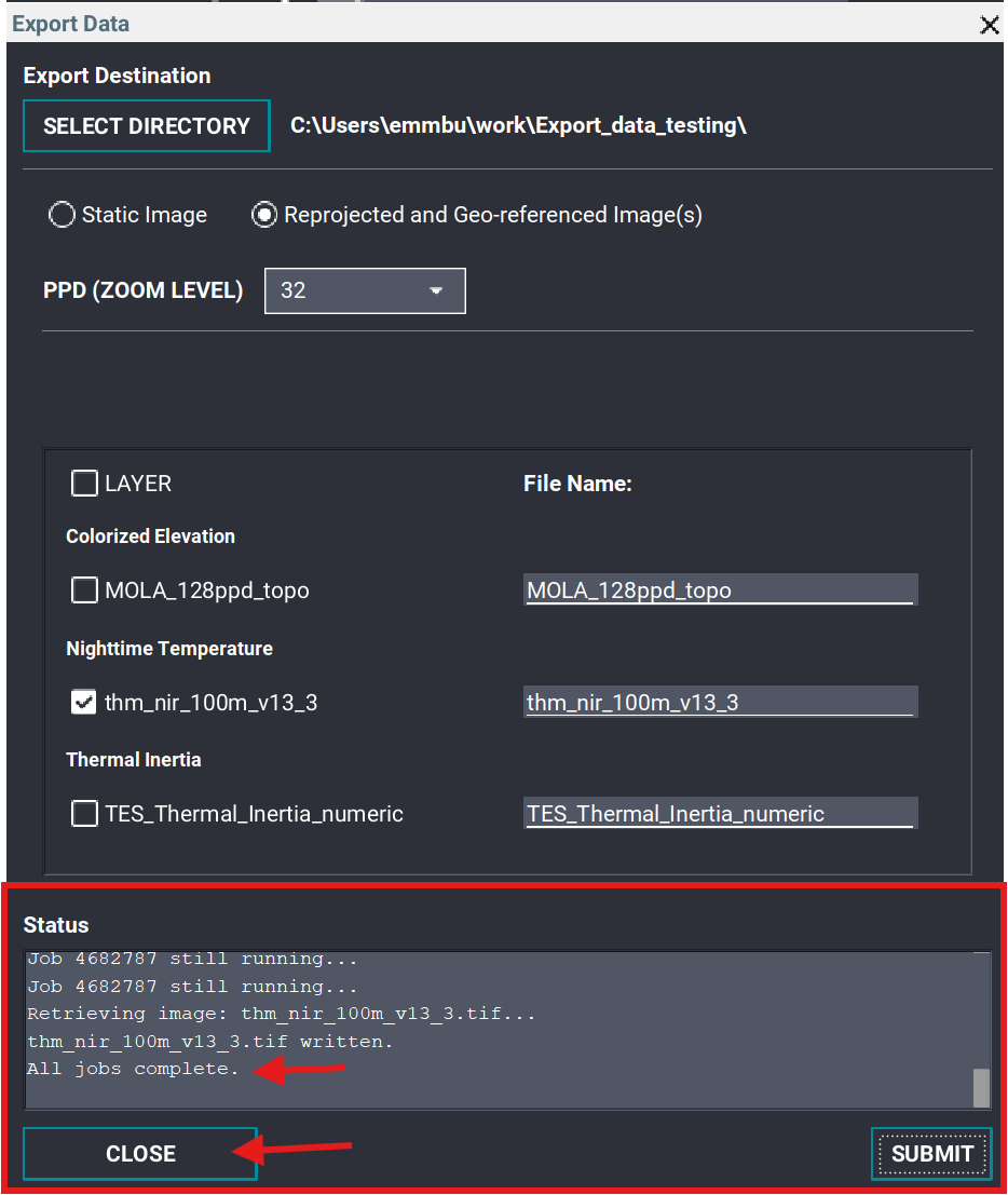Numeric Export Data status showing All jobs complete and the Close button