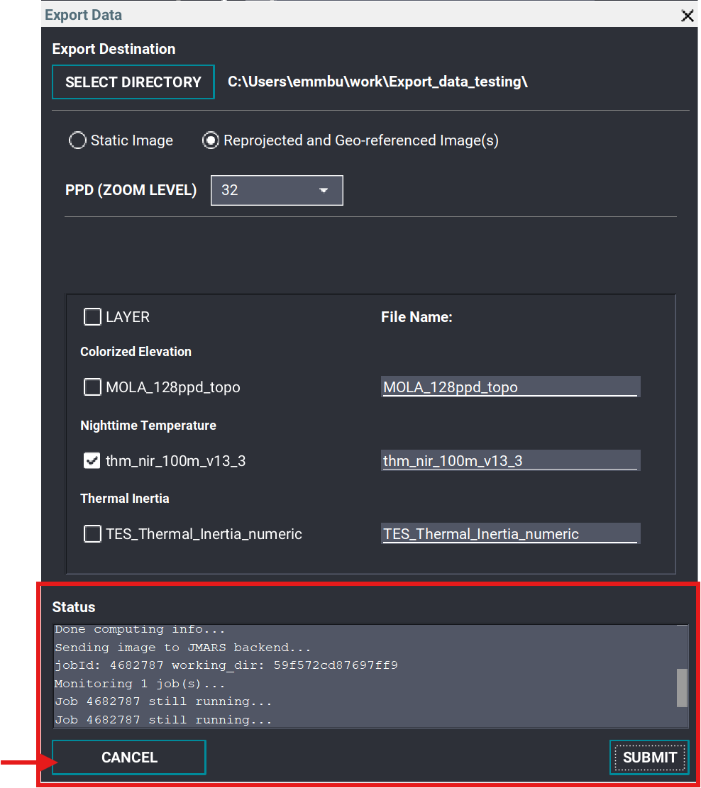 Numeric Export Data status showing an export in progress and the Cancel button