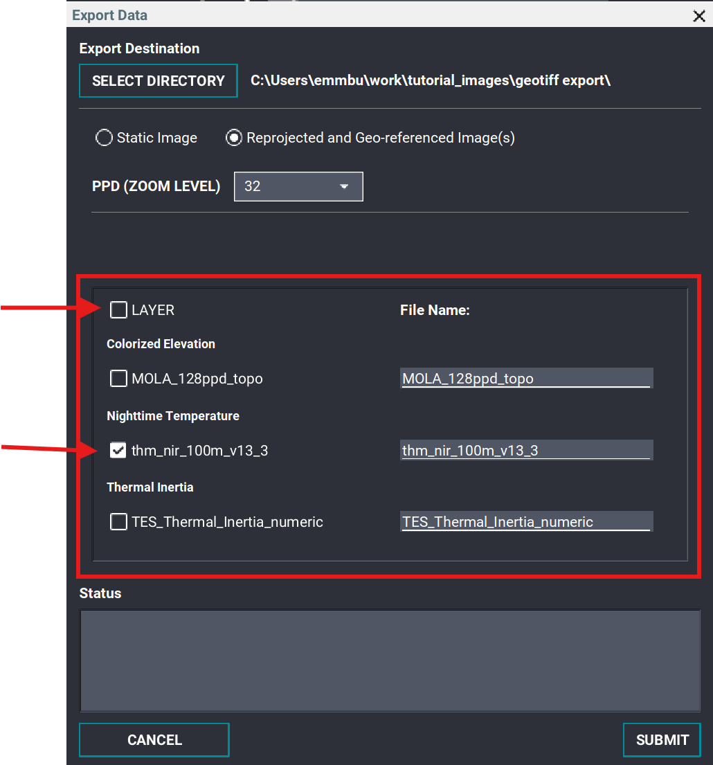 Numeric Export Data window highlighting the numeric-layer selection and file-name options