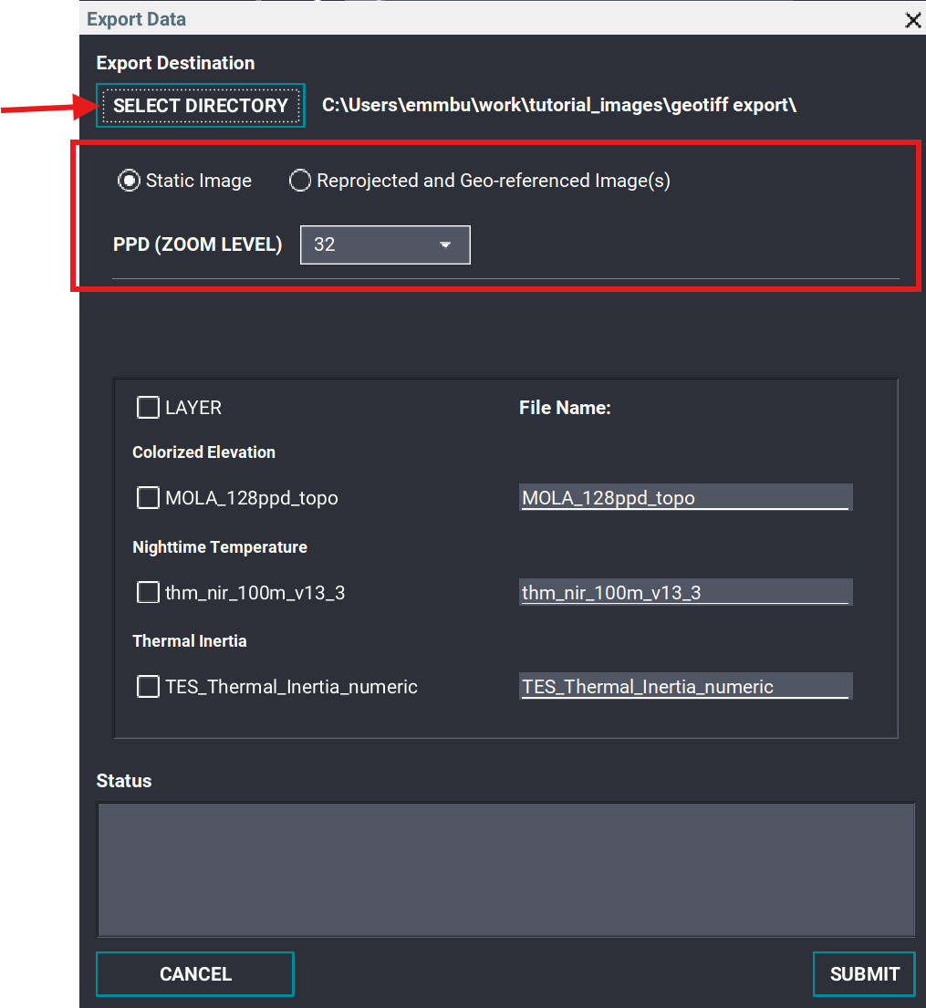 Numeric Export Data window highlighting the output directory, export type, and PPD options