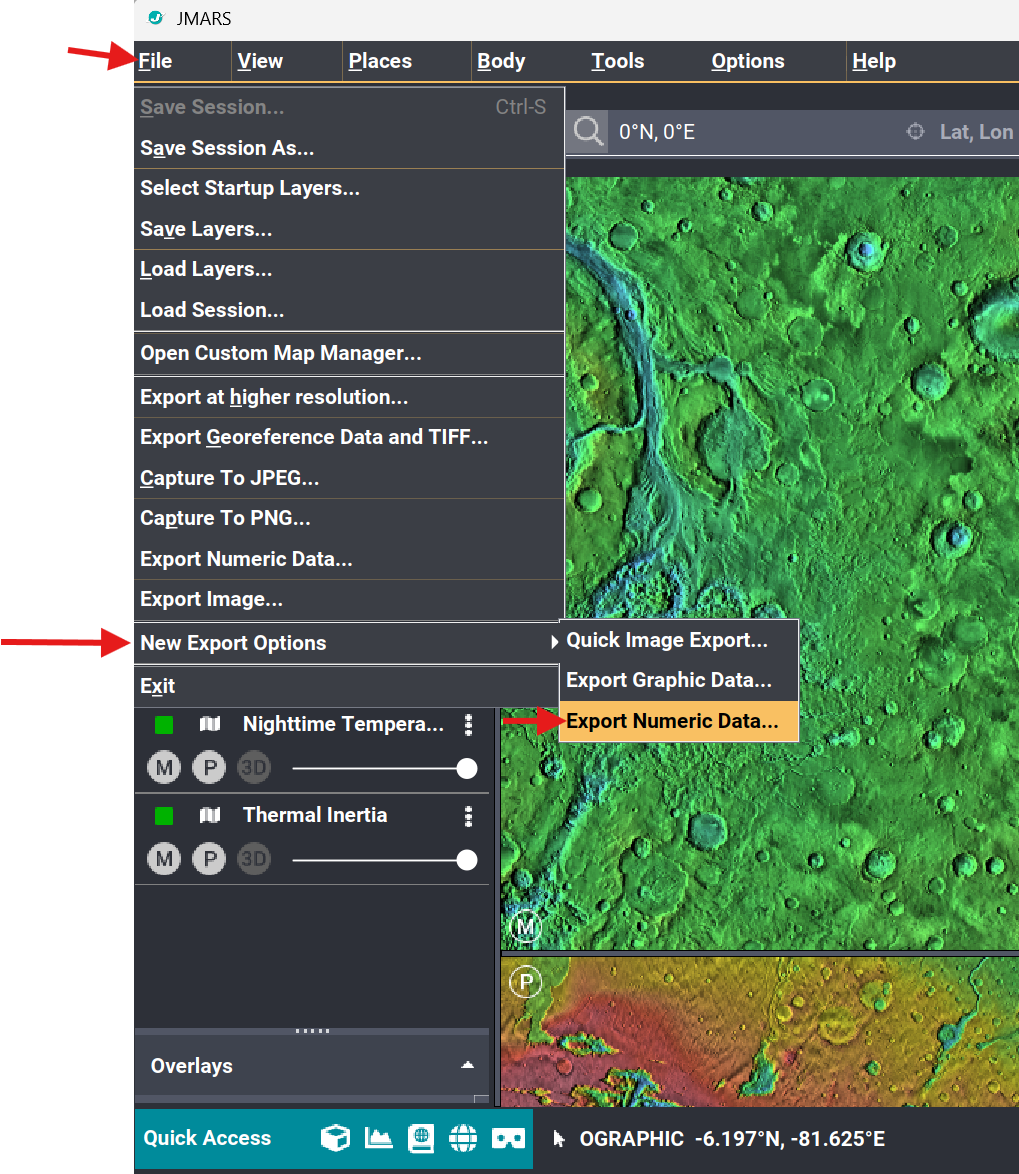 JMARS File menu showing Export Numeric Data under New Export Options