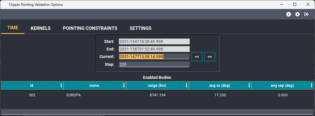 Changing the current time in the Pointing Validation focus panel