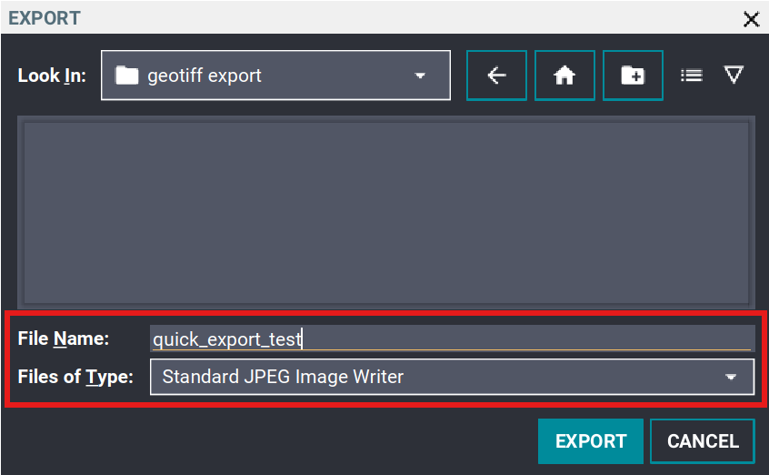 Quick Image Export dialog showing the file name and file type options