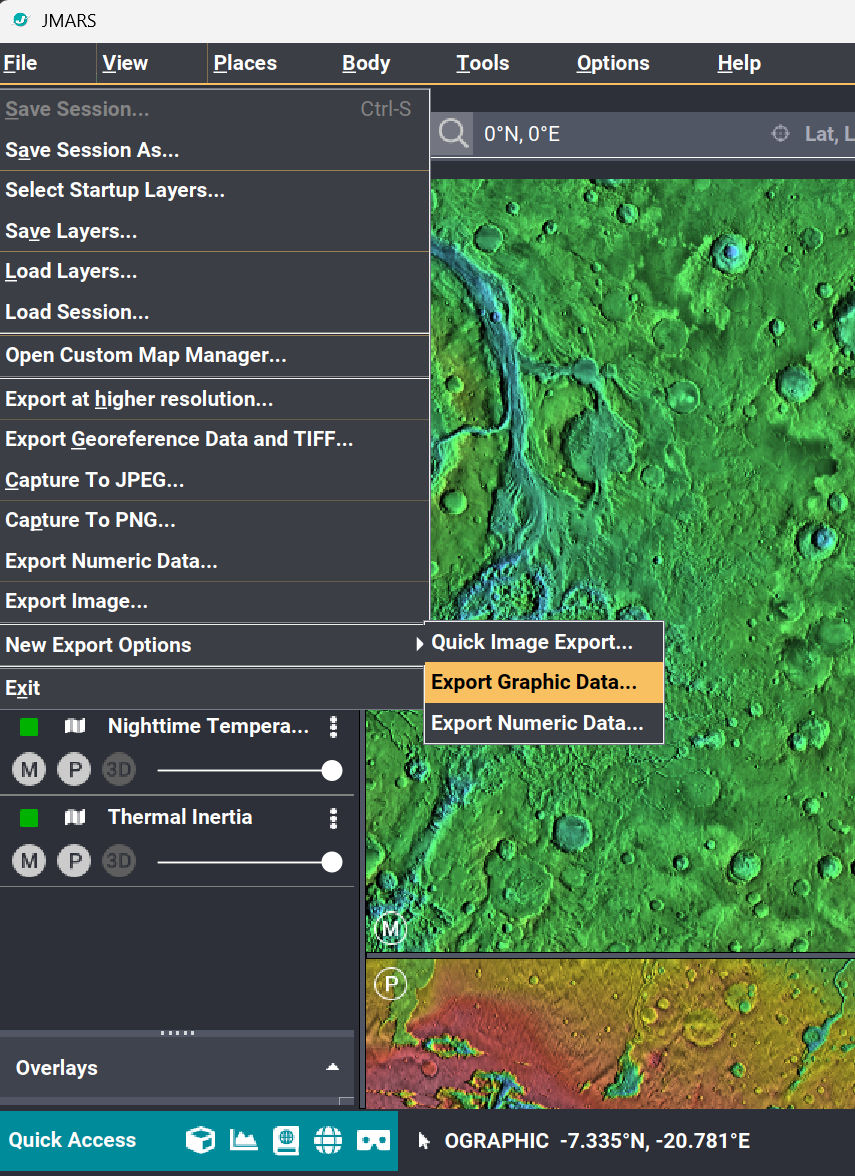 JMARS File menu showing Export Graphic Data under New Export Options
