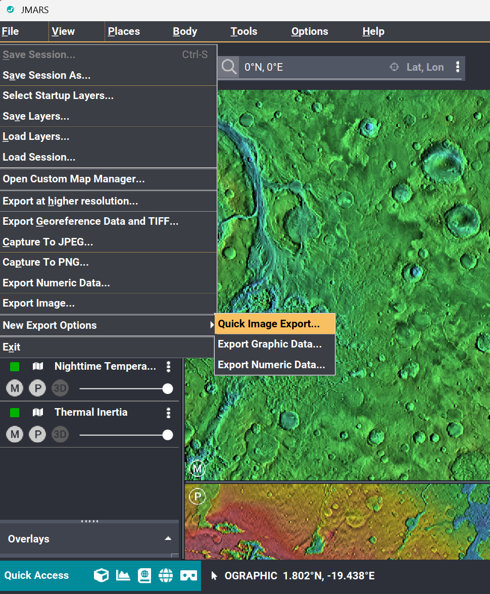 JMARS File menu showing Quick Image Export under New Export Options