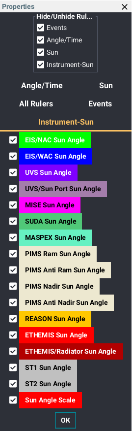 The Instrument-Sun Properties dialog showing instrument visibility and color configuration options