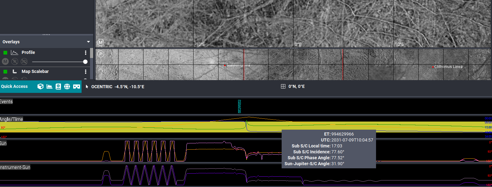 The Angle/Time ruler displaying the Sun-Jupiter-Spacecraft angle